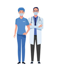 couple doctor and surgeon wearing medical masks characters