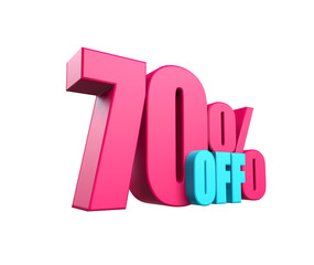 Bright pink, voluminous 3D inscription: 70% OFF, isolated on white background. Element for design discounts, design, sales, web. 3d render