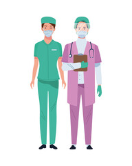 couple surgeons wearing medical masks characters