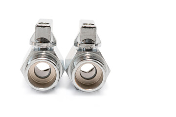 Back view of plumbing valves isolated on white background with copy space. Clipping path including.