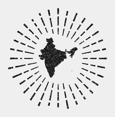 Vintage map of India. Grunge sunburst around the country. Black India shape with sun rays on white background. Vector illustration.
