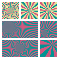 Appealing sunburst background collection. Abstract covers with radial rays. Cool vector illustration.