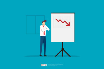 sad businessman because decrease sales presentation report on whiteboard. business finance crisis concept. lost crisis bankrupt declining. cost reduction. loss of income. vector illustration.