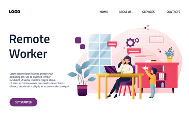 Freelancer woman with child working on laptop. Parent working with son. Home office. Difficulty of remote work. Remote worker, employee schedule. Website homepage landing web page template.