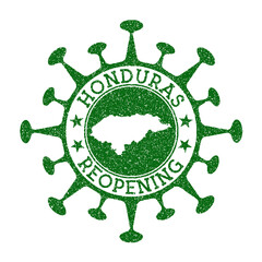 Honduras reopening stamp. Green round badge of country with map of Honduras. Country opening after lockdown. Vector illustration.
