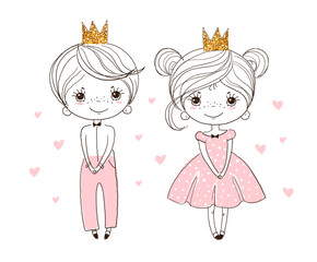 Cute poster, the little prince in a gold crown and the princess in a ball gown. Linear drawing for children. Vector illustration isolated on a white background.