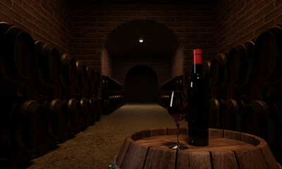 Red wine bottle and clear glass with red wine Put on a wine fermentation tank With many wine fermentation tanks placed close to the red brick wall. 3D Rendering