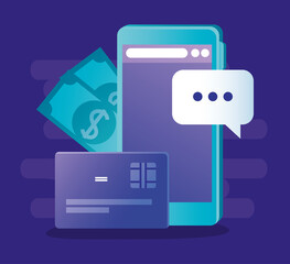 Smartphone bills bubble and credit card of money financial banking commerce and market theme Vector illustration