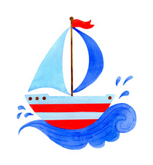 Obraz premium A cute, bright, blue, red ship, floating on the waves. Children's watercolor illustration on a white background.