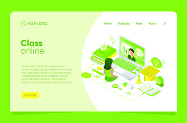 Isometric Class Online - landing pages with green background Free Vector