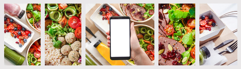 Female hand hold phone mock up screen using weight loss diet plan healthy food take away boxes, daily nutrition ready menu meal online delivery service mobile app ad. Collage horizontal website banner