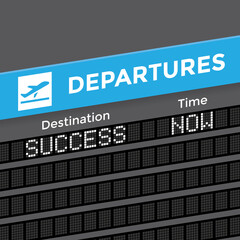 Unusual departures display board at airport terminal showing abstract international destination flight to business success. Concepts: growth, profit, stock market, economics, making money, management