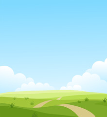 Beautiful summer grassy meadow landscape. Spring nature sunny day. Bright background with cloudy sky in the park, place for text. Cartoon vector illustration