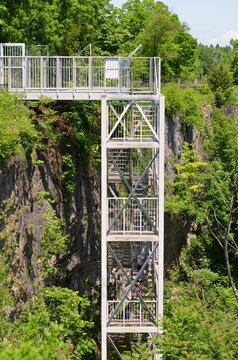 Metal staircase to the Niagara Glen hiking trails in Lower Niagara River gorge in Ontario Canada