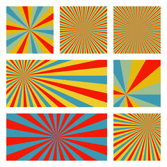 Astonishing sunburst background collection. Abstract covers with radial rays. Vibrant vector illustration.