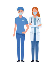 female doctor and surgeon wearing medical masks characters