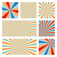 Artistic sunburst background collection. Abstract covers with radial rays. Radiant vector illustration.