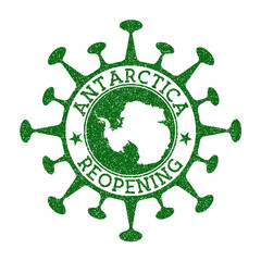 Antarctica reopening stamp. Green round badge of country with map of Antarctica. Country opening after lockdown. Vector illustration.