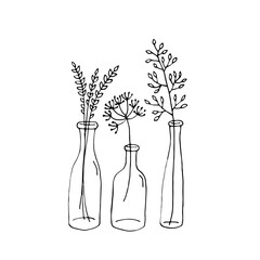 Cute doodle blade of grass in a bottle. Vector hand-drawn illustration. Black and white outline. Decoration for coloring book.