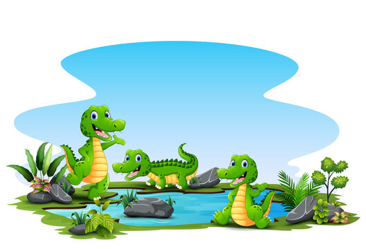 Cartoon three crocodile around the small pond