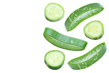 Closeup fresh organic aloe vera and cucumber sliced pattern texture for background. top view....