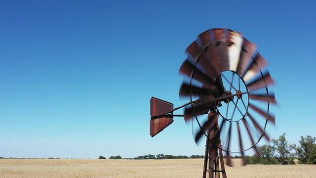 WS CU American-style windmill in cereal field / Plattsburg, Missouri, USA