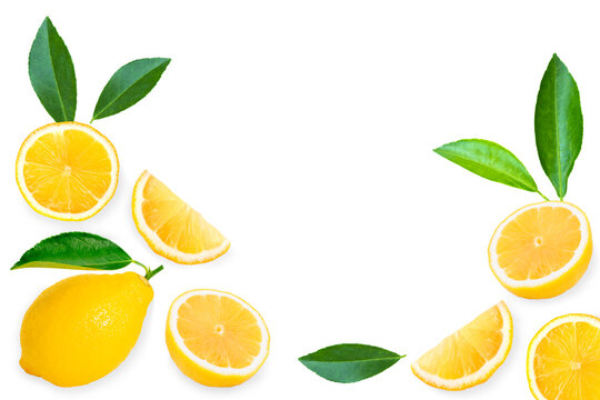 Yellow lemont with slice and green leaves isolated on white background . Top view. Flat lay.