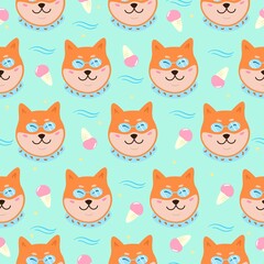 Summer seamless pattern with cute shiba inu dog in sunglasses and ice cream. Vector illustration for textile, wrapping paper, fabric.