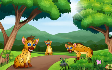 Nature scene with three hyena at the forest