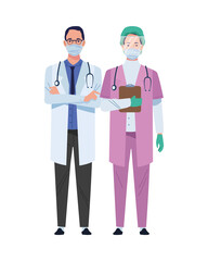 couple doctor and surgeon wearing medical masks characters