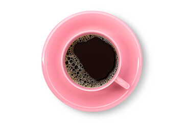 Closeup pink cup of black coffee isolated on white background with clipping path. Space for text and content. Top view. Flat lay.