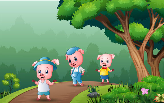 Happy three pigs walking on the forest road
