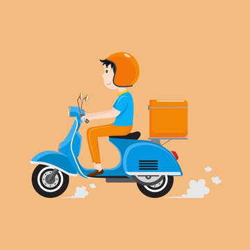 Delivery man riding scooter with delivery case box. Delivery service concept. Vector illustration