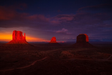 Dramatic light after a clearing storm at sunset at Monument Valley Navajo Tribal Park in Arizona
