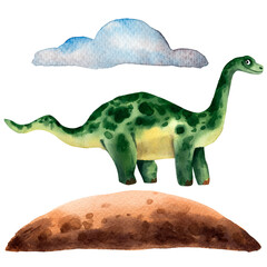 Hand drawn watercolor dinosaur character. Children invitation card. Children invitation card. Purple prehistoric reptile. Jurassic monster. Funny cartoon diplodocus. Plant and cloud.Herbivore giant.