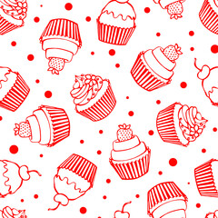 Seamless pattern with cupcake. Hand drawn sweets doodle. Vector illustration. Perfect for greetings, invitations, manufacture wrapping paper, textile and web design.
