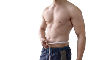Naklejka premium man holding tape meature and try to waist measurement for fat checking isolated on white background