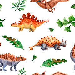 Cute dino colorful pattern. Hand drawn seamless texture. Jurassic Dino print. Stegosaur and ankylosaur characters. Repeat watercolor illustration. Fun design for boys textile. Prehistoric animals.