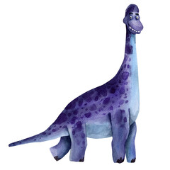 Hand drawn watercolor dinosaur. Children invitation card. Purple prehistoric reptile. Jurassic monster. Funny cartoon brachiosaurus. Herbivore giant. Cute character. Jurassic print collection.