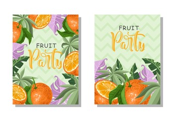 A set of postcards. Fresh orange, tropical leaves, flowers and slices. Hand calligraphy of 