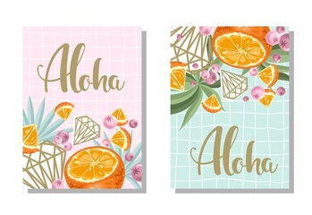 A set of postcards. Fresh orange, tropical leaves, flowers and slices. Hand calligraphy of 