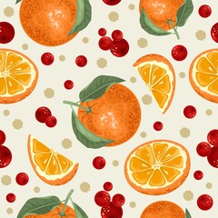 Seamless pattern with fresh orange, tropical leaves and berries. Vector illustration.
Printing on fabric, paper, postcards, invitations.
