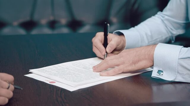 successful signing of a business contract by both parties (imitation, layout)