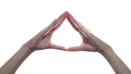 Woman hand showing triangle sign on white isolated background.