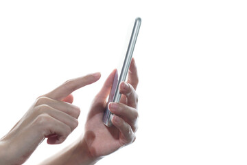 Side view of woman hand holding and  touching smartphone isolated on white background.