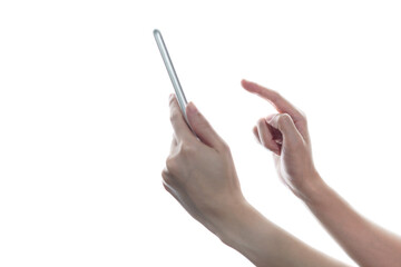 Side view of woman hand holding and  touching smartphone isolated on white background.