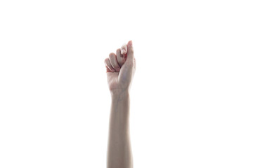 Woman hand holding a virtual card with fingers on a white background. stranglehold sign.