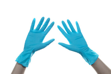 Woman hand  wearing a blue rubber medical glove on white isolated background.