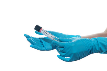 Woman hand  wearing a blue rubber medical glove and hold COVID-19 swab collection kit on white isolated background.
