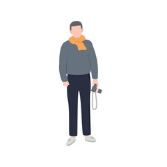 Young photographer holding camera. Camera man posed. Vector illustration.